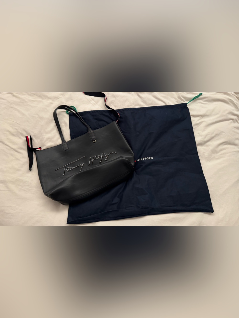 Tommy Hilfiger Dark Navy Genuine leather Tote with Red-White-Blue Striped Straps